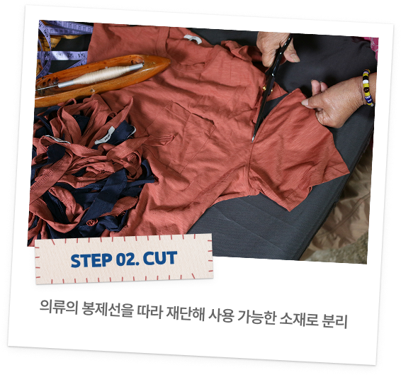 STEP 02. CUT - 의류의 봉제선을 따라 재단해 사용 가능한 소재로 분리