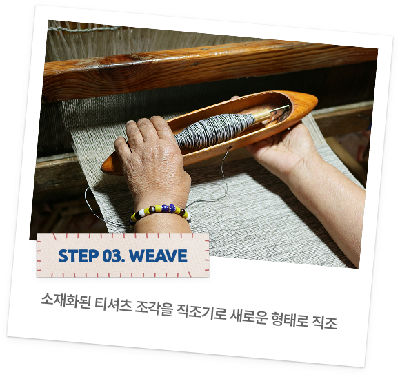STEP 03. WEAVE - 소재화된 티셔츠 조각을 직조기로 새로운 형태로 직조
