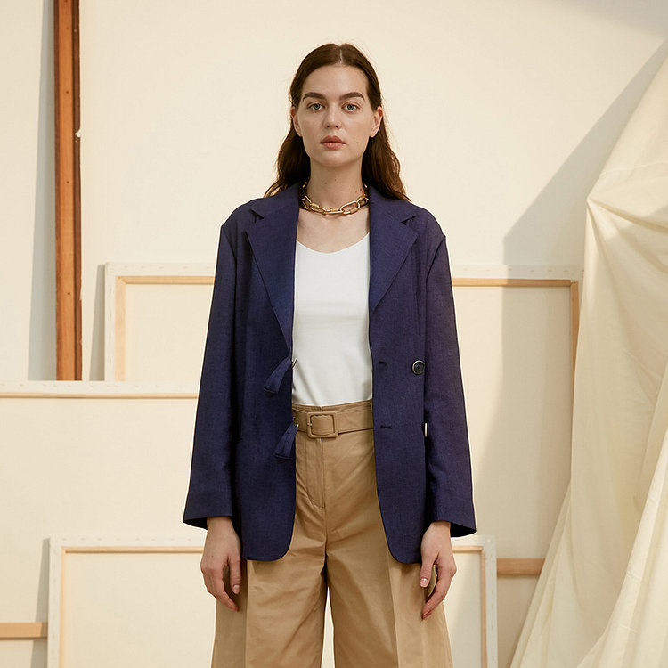 MOON J(문제이) Navy Oversized Button Loop Detailed Blazer | 신세계V