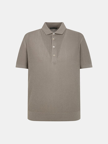 CORNELIANI 베이지브라운 루프 패턴 코튼 4버튼 카라넥 반팔 니트 | 신세계V