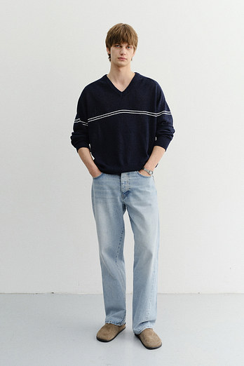 DUNST UNISEX V-NECK STRIPED SWEATER NAVY_M_UDSW6B124N2 | 신세계V