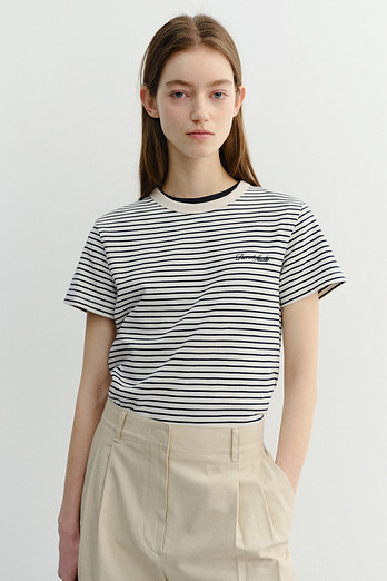 DUNST ESSENTIAL STRIPE LOGO T-SHIRT CREAM NAVY STRIPE_UDTS6B232CR | 신세계V