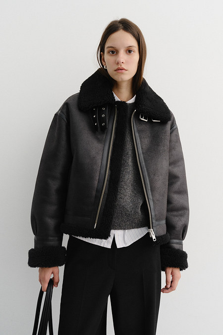 DUNST UNISEX LOOSE FIT LINE SHEARLING JACKET BLACK_UDJU5D123BK | 신세계V
