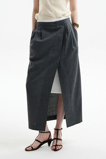 L`H.A.S LAYERED WRAP LONG SKIRT2_GRAY STRIPE | 신세계V