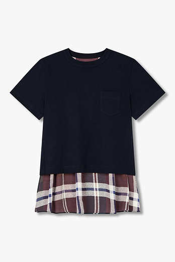 SACAI 여성 플래드 프린트 코튼 저지 티셔츠 (다크 네이비) | 신세계V