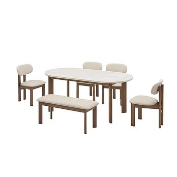 CASAMIA 오뜨 우드 세라믹식탁 6인세트 180cm 브라운_체어 4EA, 벤치 1EA | 신세계V
