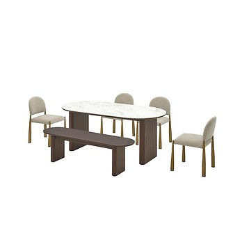 CASAMIA 뉴올비아 세라믹식탁 6인세트 180cm 브라운_벤치1500 1EA, 패브릭체어 4EA | 신세계V