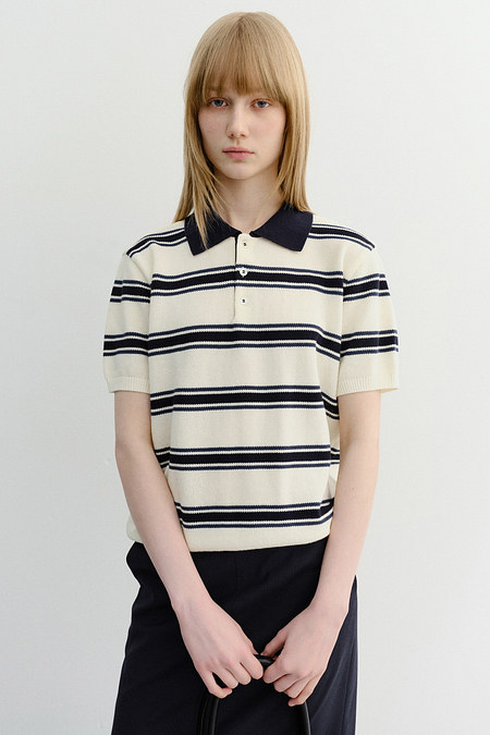DUNST UNISEX MULTI STRIPED POLO KNIT CREAM NAVY_UDSW6B122CR | 신세계V