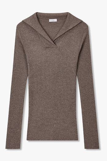 BRUNELLO CUCINELLI 여성 리브드 메탈릭 세일러 카라 니트 | 신세계V