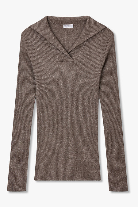 BRUNELLO CUCINELLI 여성 리브드 메탈릭 세일러 카라 니트 | 신세계V
