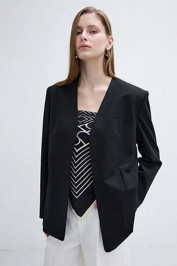 L`H.A.S COLLARLESS V-NECK JACKET_BLACK | 신세계V