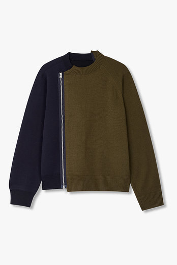 SACAI [CLASSICS] 남성 울 블렌드 스펀지 스웻 블루종(카키) | 신세계V