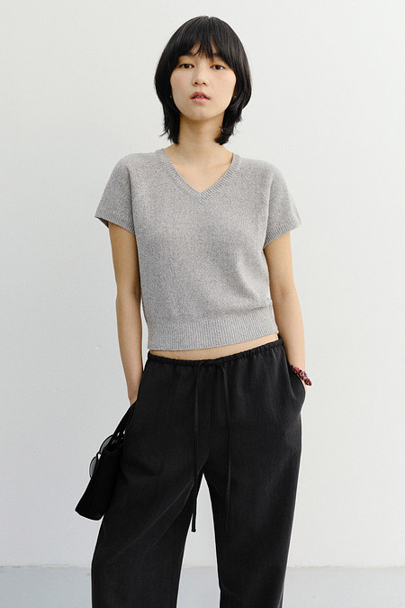 DUNST SUMMER LINEN V-NECK KNIT MELANGE GREY_UDSW6B233G2 | 신세계V