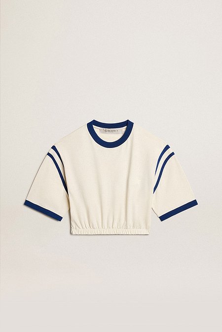 GOLDEN GOOSE KOREA [공식 스토어] 골든구스  여성 뒷면 레터링 에이지드 화이트 코튼 크롭 티셔츠 GWP01875 P001563 11840 | 신세계V