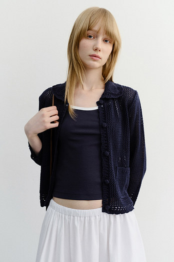 DUNST CROCHET COLLARED CARDIGAN NAVY_UDSW6B221N2 | 신세계V