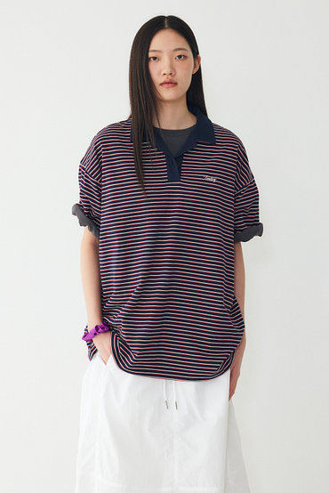 STUDIO TOMBOY(스튜디오 톰보이) 스트라이프 오버핏 카라 반팔 티셔츠 | 신세계V