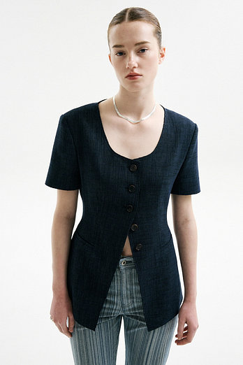 L`H.A.S SCOOP NECK SLIM FIT HALF SLEEVE JACKET2_NAVY | 신세계V