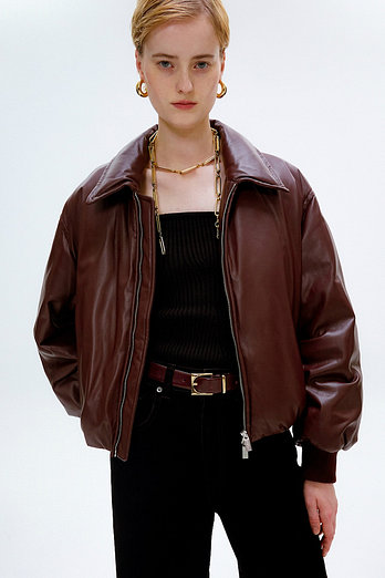 L`H.A.S CROPPED FAUX LEATHER GOOSE DOWN PUFFER_WINE | 신세계V