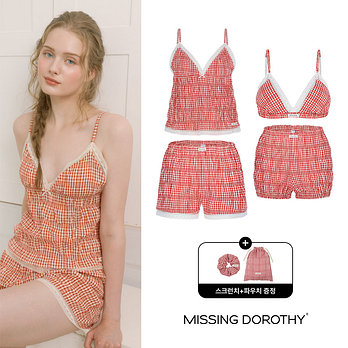 MISSING DOROTHY [Missing Dorothy] 미싱도로시 피크닉 레드블라썸 체크 풀세트 4종 패키지(브라+팬티+홈웨어세트) 구매시 스크런치+파우치 증정 | 신세계V