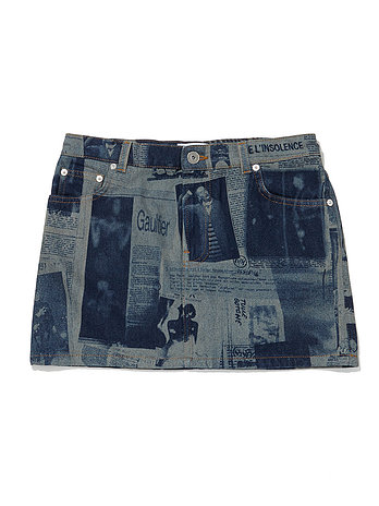 ADEKUVER [JEAN PAUL GAULTIER] 장 폴 고티에 인디고 베이지 뉴스페이퍼 프린트 미니 스커트 26/01-W-SK037-D027-5568 | 신세계V