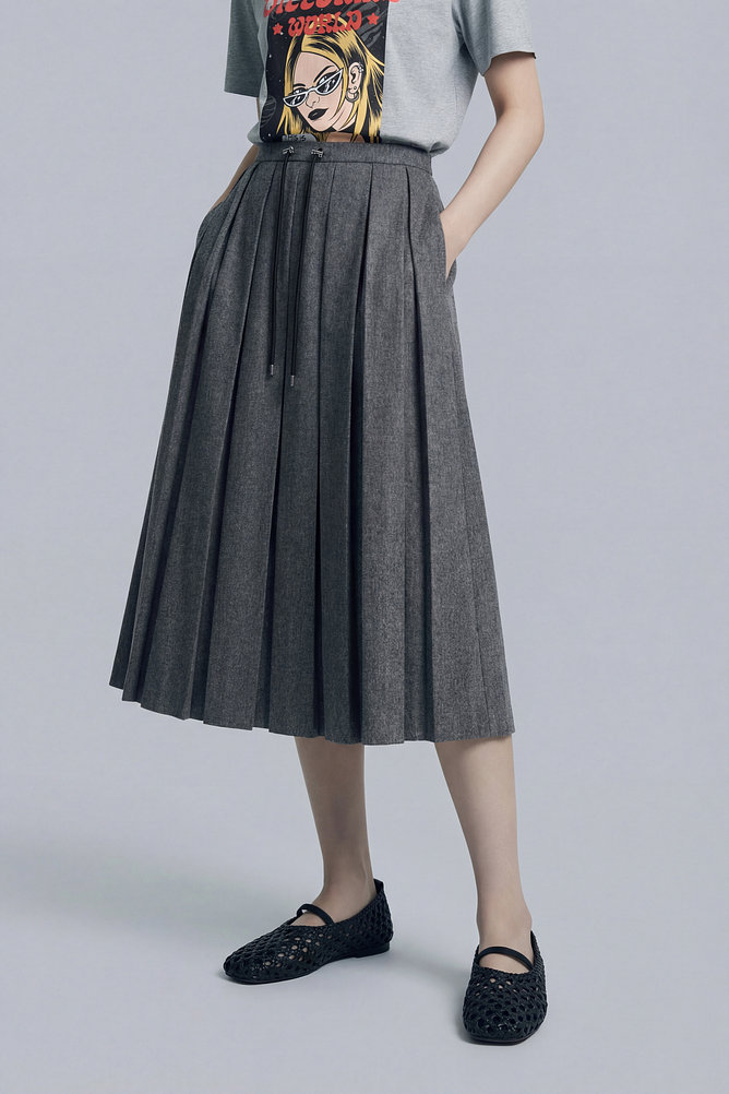 울 블렌드 플리츠 롱 스커트