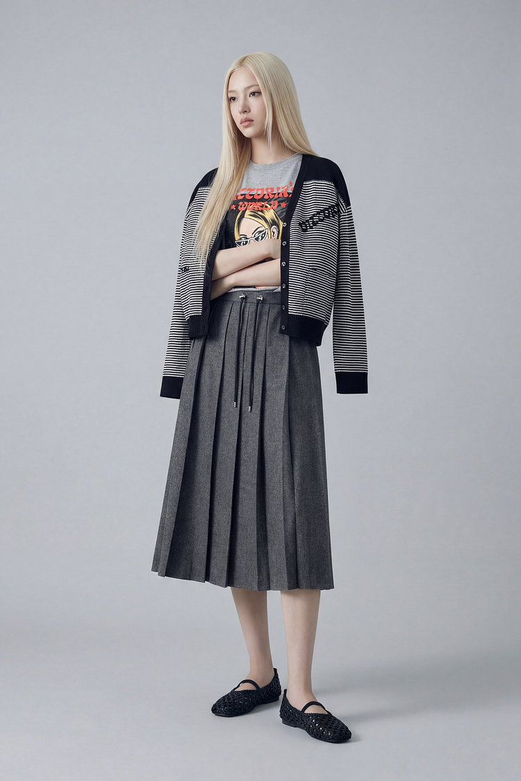 울 블렌드 플리츠 롱 스커트