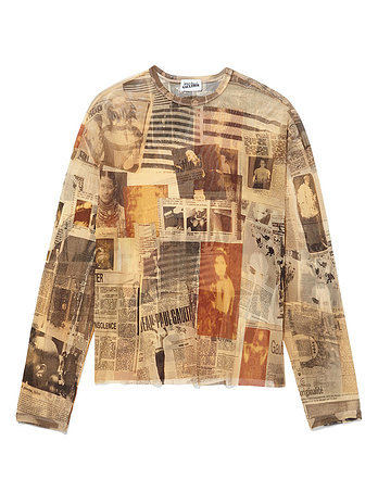 ADEKUVER [JEAN PAUL GAULTIER] 장 폴 고티에 에크루 라이트 그레이 레드 메쉬 저널 프린트 오버사이즈 크루넥 탑 26/01-W-TO417-M013P-030830 | 신세계V