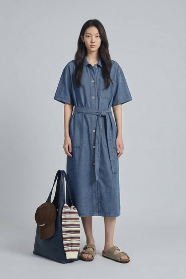 STUDIO TOMBOY(스튜디오 톰보이) 핀스트라이프 데님 벨티드 반팔 원피스 | 신세계V