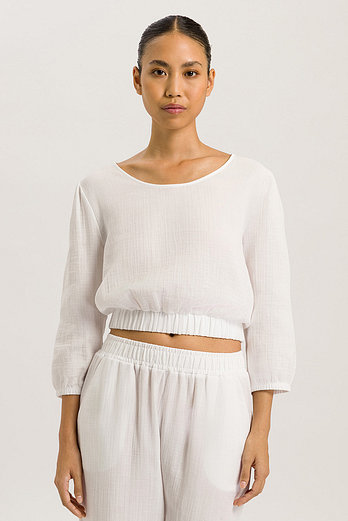 HANRO 한로 Sleep & Lounge 3/4 SLV 7부 소매 면 100% 크롭 티셔츠 (white 74928) | 신세계V