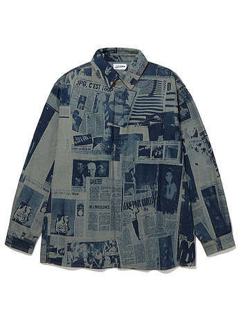 ADEKUVER [JEAN PAUL GAULTIER] 장 폴 고티에 인디고 베이지 뉴스페이퍼 프린트 데님 셔츠 26/01-U-ST045-D027-5568 | 신세계V