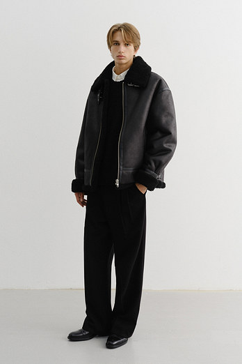 DUNST UNISEX LOOSE FIT LINE SHEARLING JACKET BLACK_M_UDJU5D123BK | 신세계V