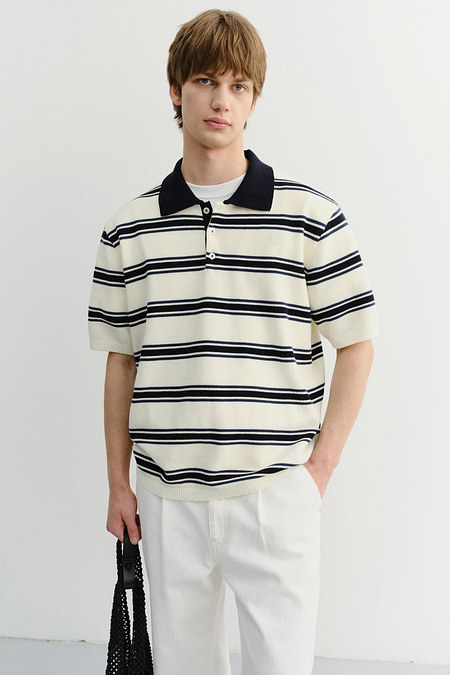 DUNST UNISEX MULTI STRIPED POLO KNIT CREAM NAVY_M_UDSW6B122CR | 신세계V