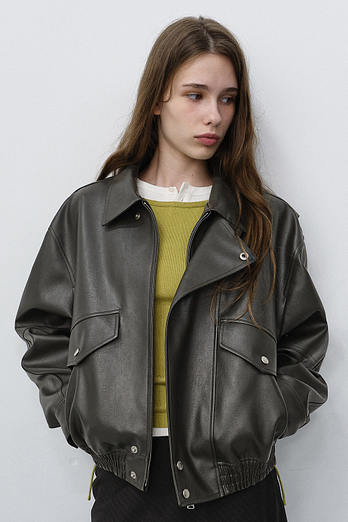 DUNST UNISEX CROPPED ALTER-LEATHER BLOUSON GREYISH KHAKI_UDJU6C108K3 | 신세계V