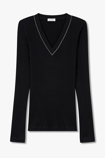 BRUNELLO CUCINELLI(브루넬로 쿠치넬리) 여성 모닐리 브이넥 리브드 티셔츠 | 신세계V