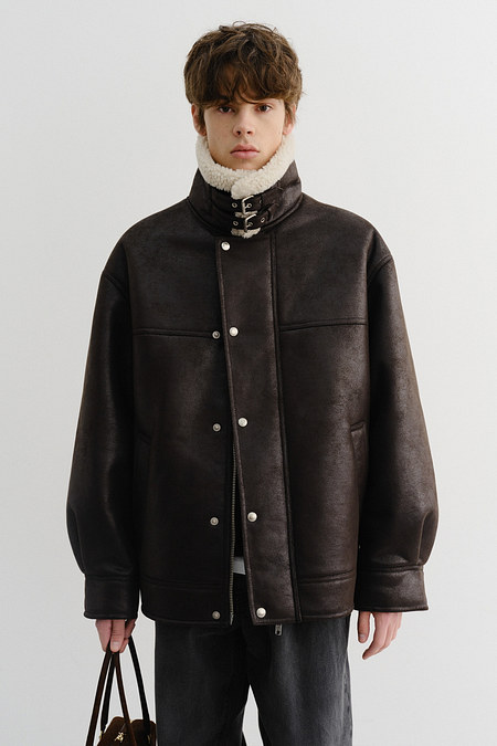 DUNST UNISEX SHEARLING HALF JACKET BLACK BROWN_M_UDJU5D129W3 | 신세계V