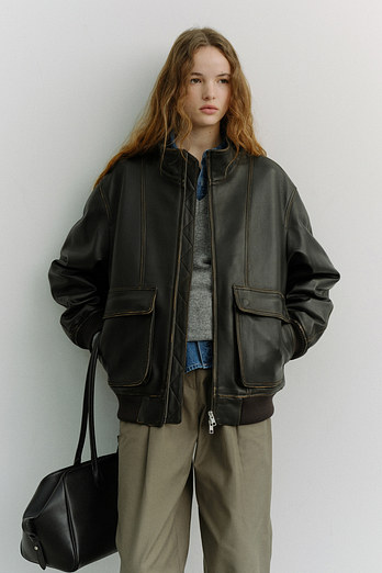 DUNST UNISEX STAND COLLARED LEATHER BLOUSON BRUSHED BLACK_UDJU6A104BK | 신세계V